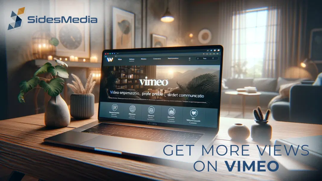 A sleek, modern laptop showing how to get more views on Vimeo platform on a stylish wooden desk in a cozy, well-lit room. How to get more Vimeo Views- Frequently Asked Questions SidesMedia website showing options to buy Vimeo views. Purchase Premium Vimeo Views with SidesMedia. How to get more Vimeo Views- A modern computer on a wooden desk, displaying the Vimeo platform in a cozy, well-lit room. Person using a computer displaying the Vimeo platform in a cozy room. How to get more Vimeo Views- People collaborating around a computer displaying a Vimeo profile page in a cozy, well-lit room.