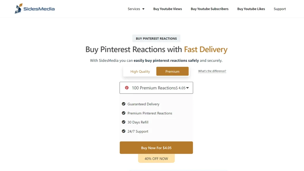 SidesMedia webpage showing options to buy Pinterest reactions with fast delivery.