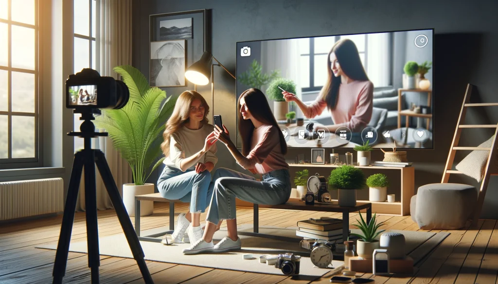 Buy 2000 Instagram Followers- Two women collaborating and filming a video for Instagram in a well-lit, stylish room.