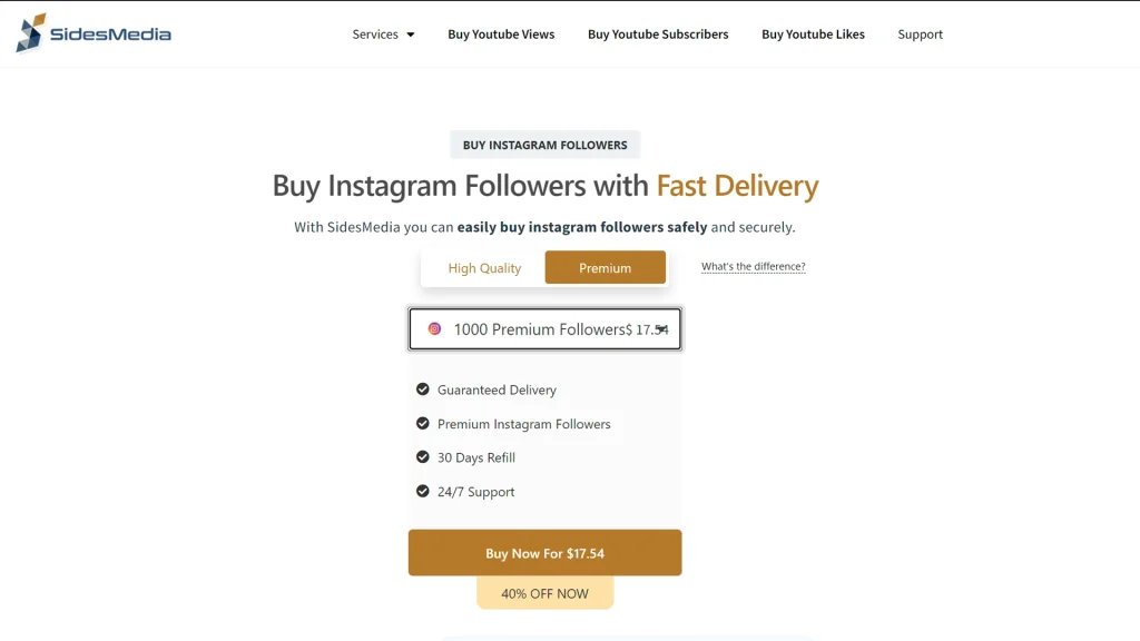 SidesMedia webpage showing options to buy Instagram followers with fast delivery.