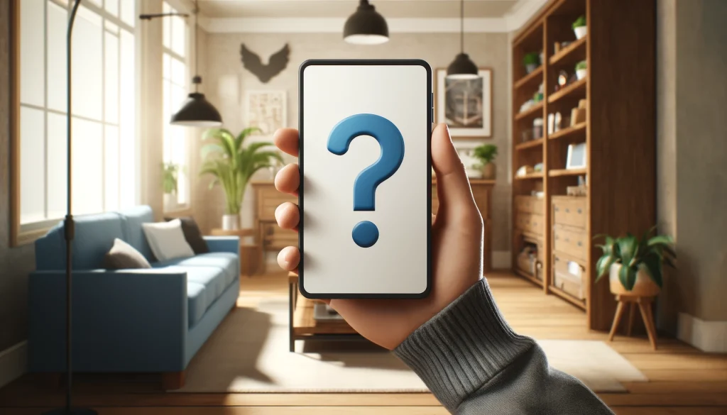 Person holding a smartphone displaying a big blue question mark on a white background in a cozy, well-lit room.