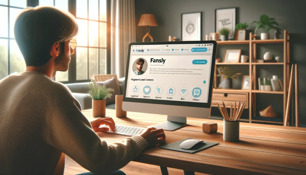 Person using a computer and showing how to get more followers on Fansly in a cozy room.