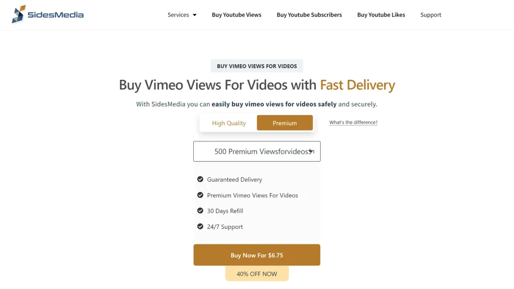SidesMedia website showing options to buy Vimeo views. Purchase Premium Vimeo Views with SidesMedia.