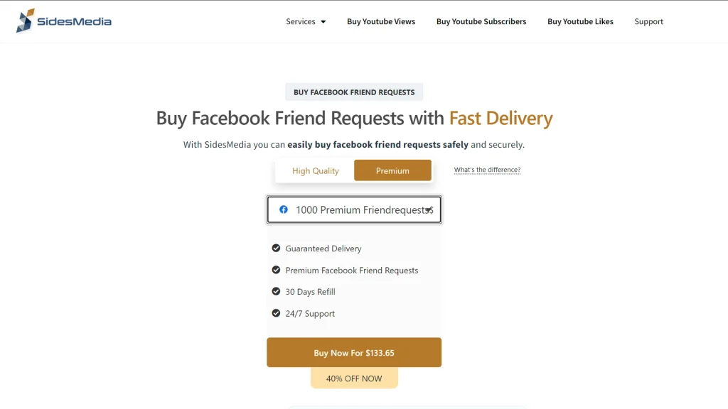 SidesMedia webpage showing options to buy Facebook friend requests with fast delivery.