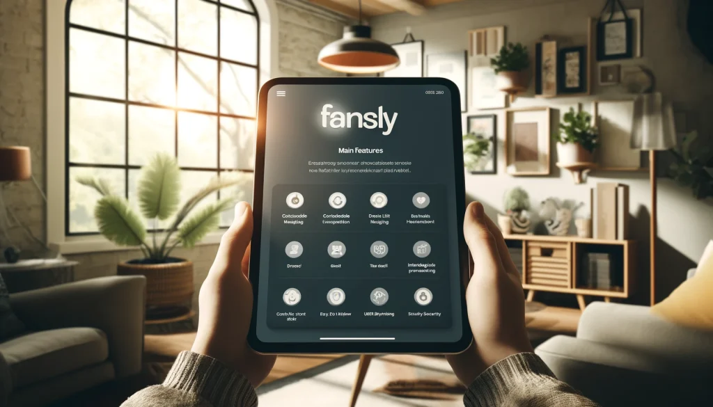Hands holding a tablet displaying a Fansly profile page with main features, in a cozy, well-lit room.