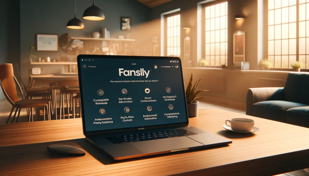 A sleek, modern laptop displaying the Fansly platform on a stylish wooden desk in a cozy, well-lit room and showing how to get more likes on Fansly.