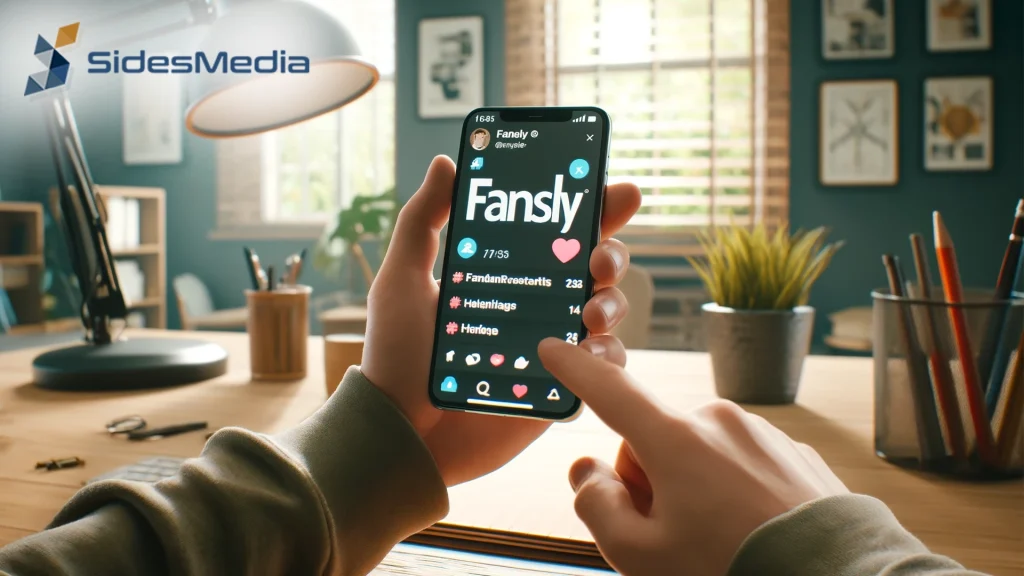 Person using the Fansly app on a smartphone, with the SidesMedia logo visible.