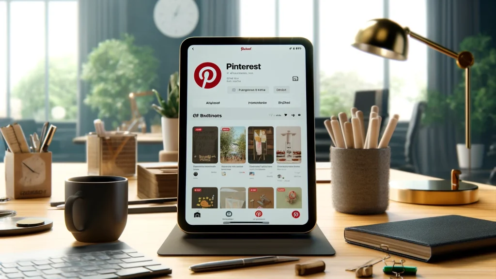 Tablet displaying Pinterest interface in a modern workspace.