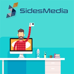 Comprar visualizações no YouTube - Homem em desenho animado segurando uma câmara em frente a um ecrã de computador com o logótipo da SidesMedia.